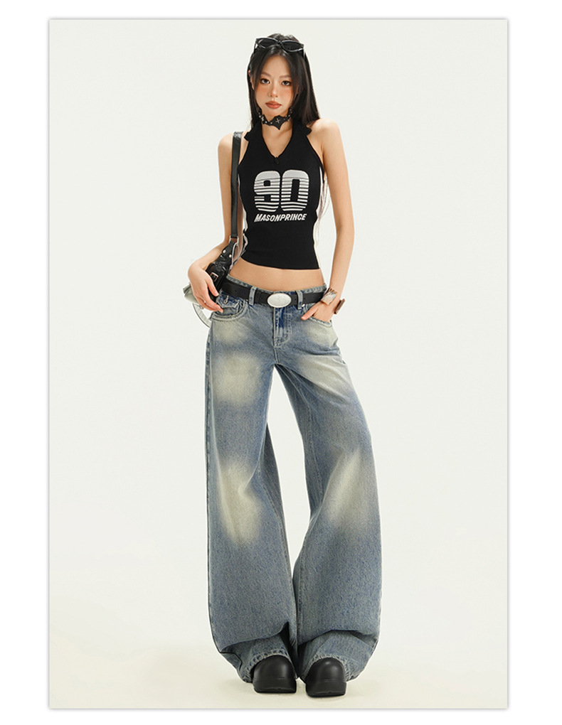 Gradient Washed Denim Pants for Women Vibe Retro Loose Straight Leg Wide Leg Pants