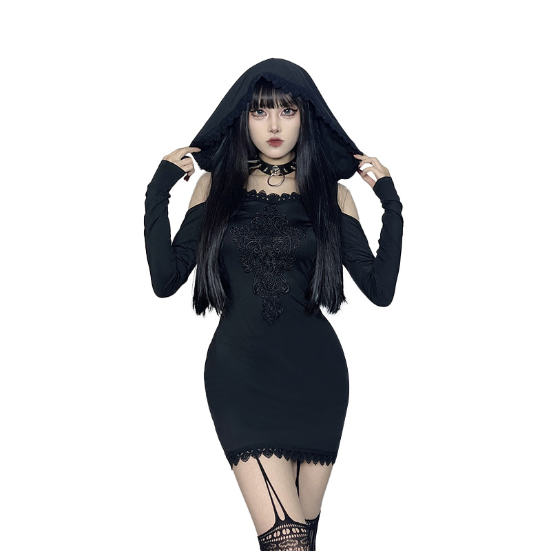 High Waist Hooded Fitted Jacquard Dress