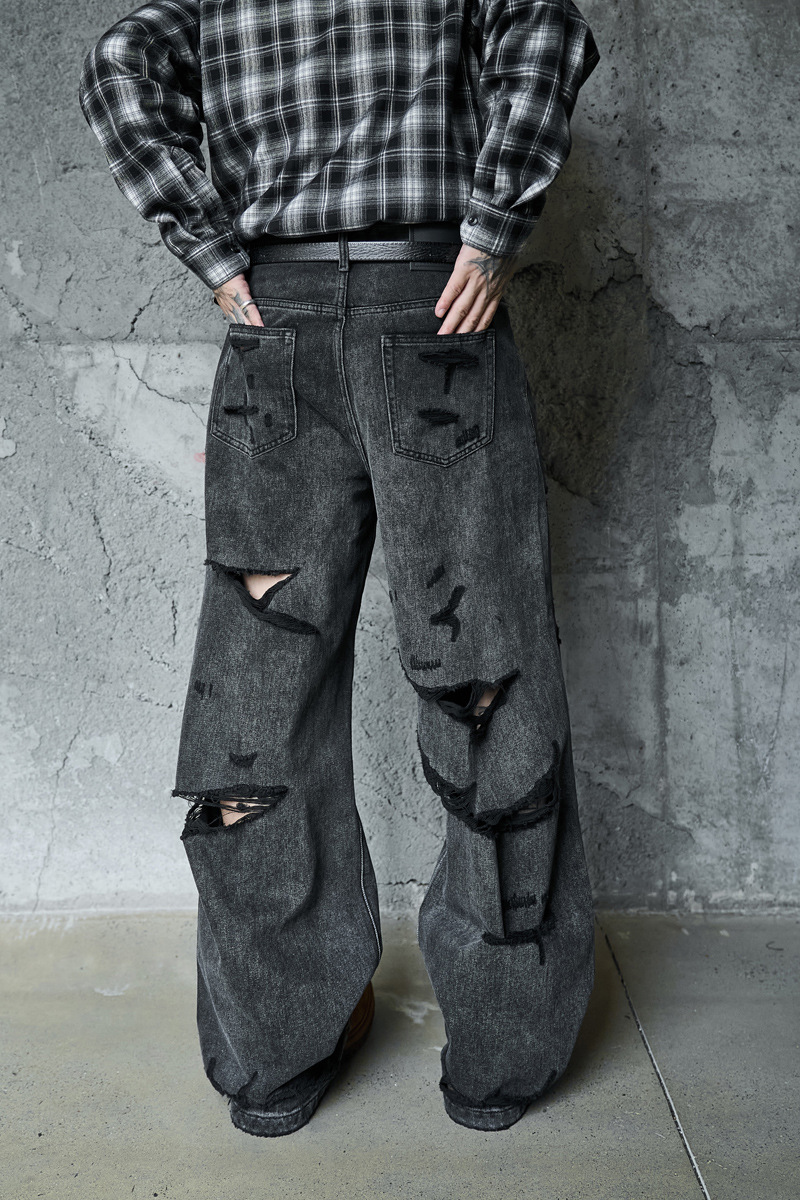Denim Pants Loose Wide Leg Men High Street Post-Apocalyptic Style Ripped Design Plus Size Trendy Brand Original Dark Hip Hop Straight Leg Pants