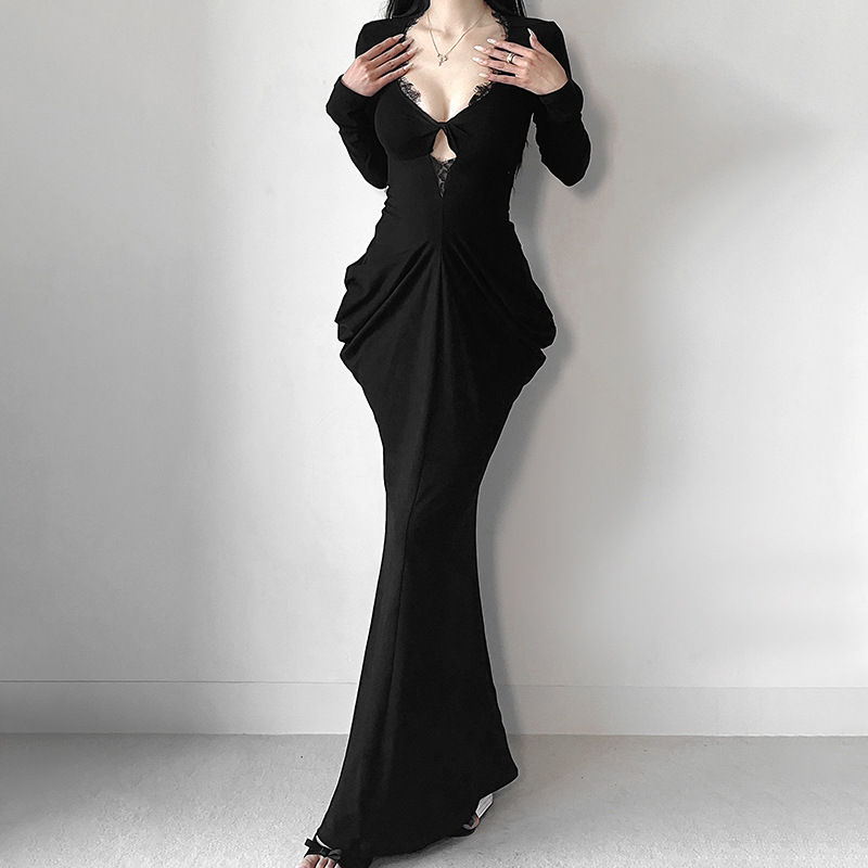 Plunging Neckline Long Sleeve Bodycon Dress