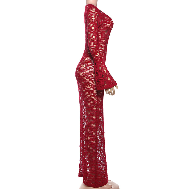 U-Neck Long-Sleeve Polyester High-Waist Sheer Bodycon Dress
