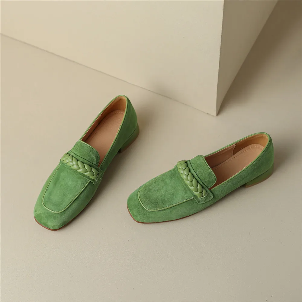 Concise Solid Color Women Soft Kid Suede Flats Slip On Round Toe Casual Street Shoes Handmade For Ladies