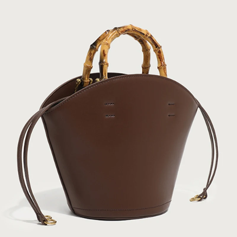 New design bucket bag fashion bamboo handle soft leather women bag single shoulder crossbody bag