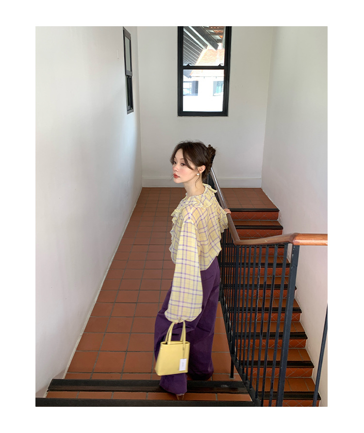 Breezy V-Neck Long Sleeve Loose Fit Checked Blouse