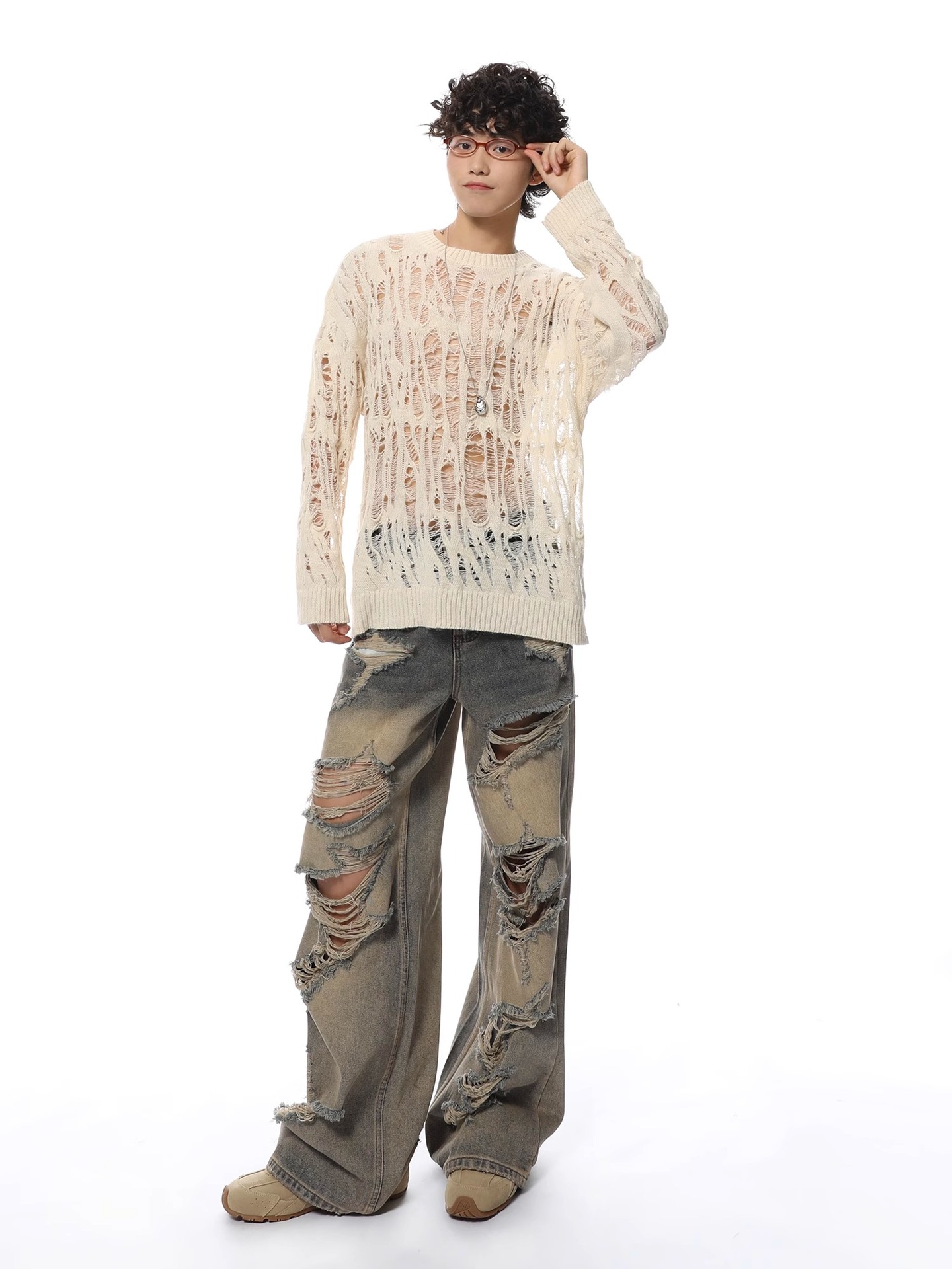 Polyester Open Mesh Crew Neck Sweater