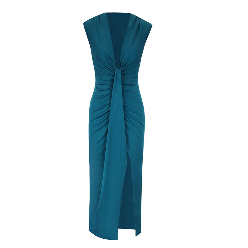 Sleeveless Plunge Belted Side Split Accordion Dress
