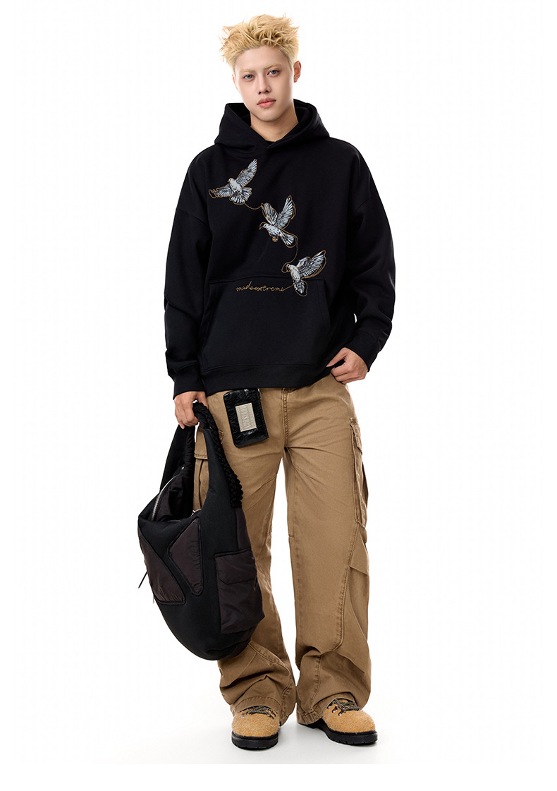 Cotton Blend Loose Fit Bird Graphic Hoodie