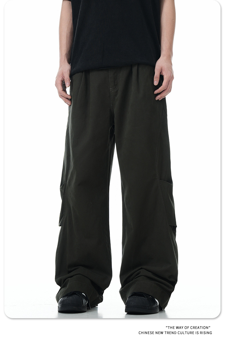 Work Pants Men Simple Cuff Zipper Design Loose Wide Leg Slim Fit Versatile Long Trousers Trendy