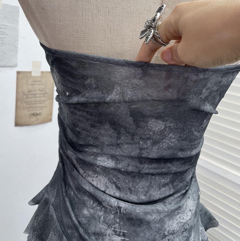 Sultry Asymmetric Plaid Mesh Strapless Top
