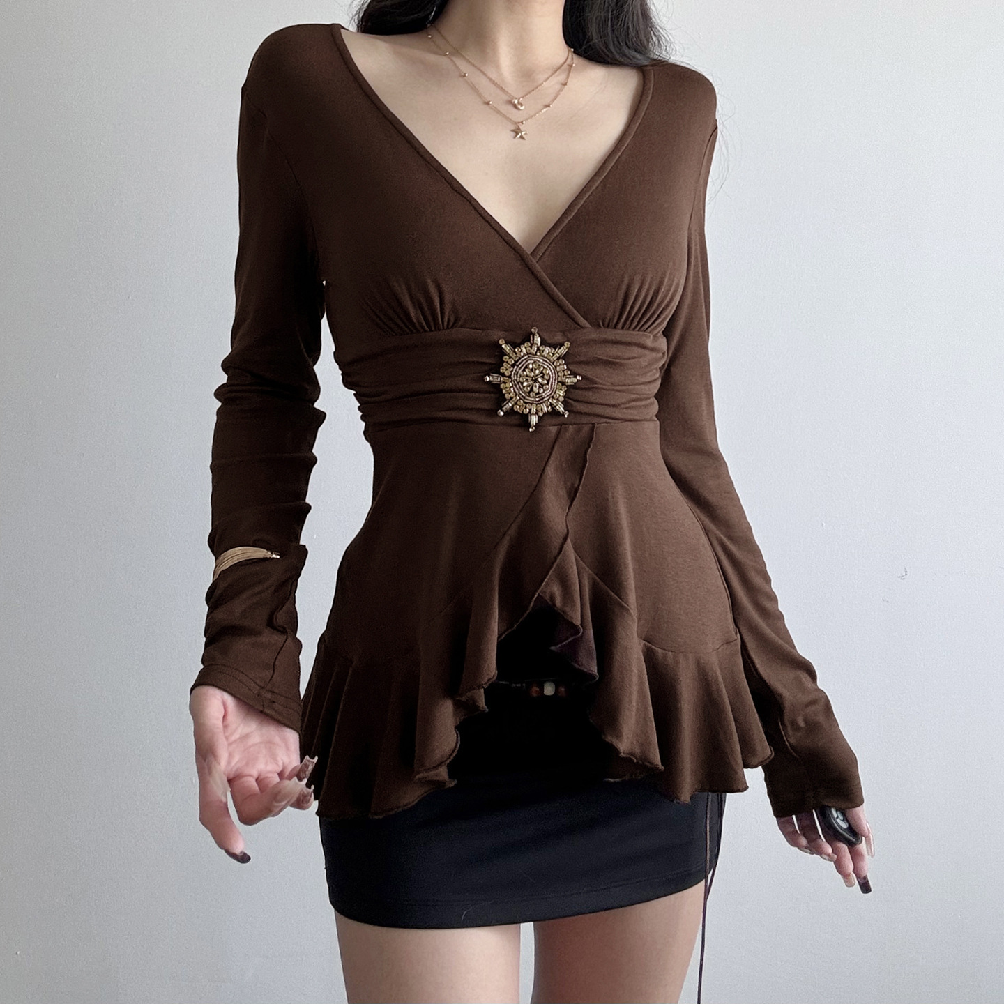 Solid Flounce Long Sleeve Short Tee Metallic Trim