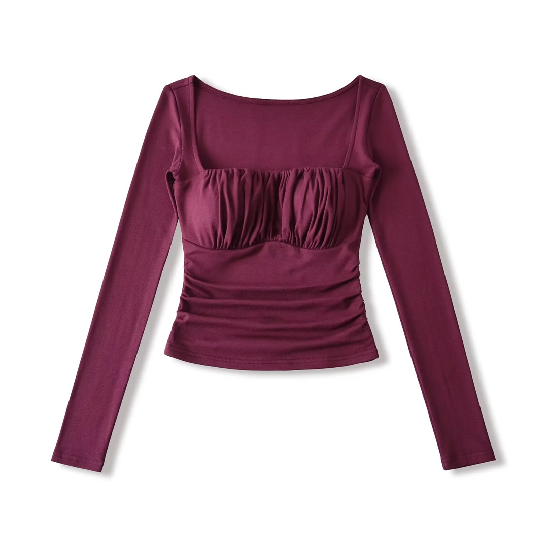 Spicy Wrist-Length Collarbone Cutout Structured Frill Fitted Tee