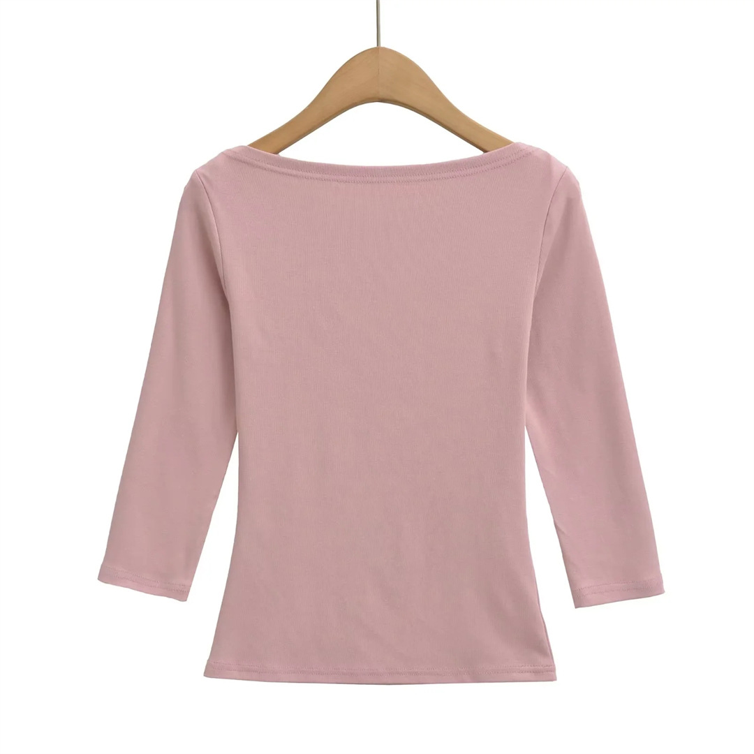 Slim Fit Plain Asymmetric Neck Elbow-Length Midriff Tee