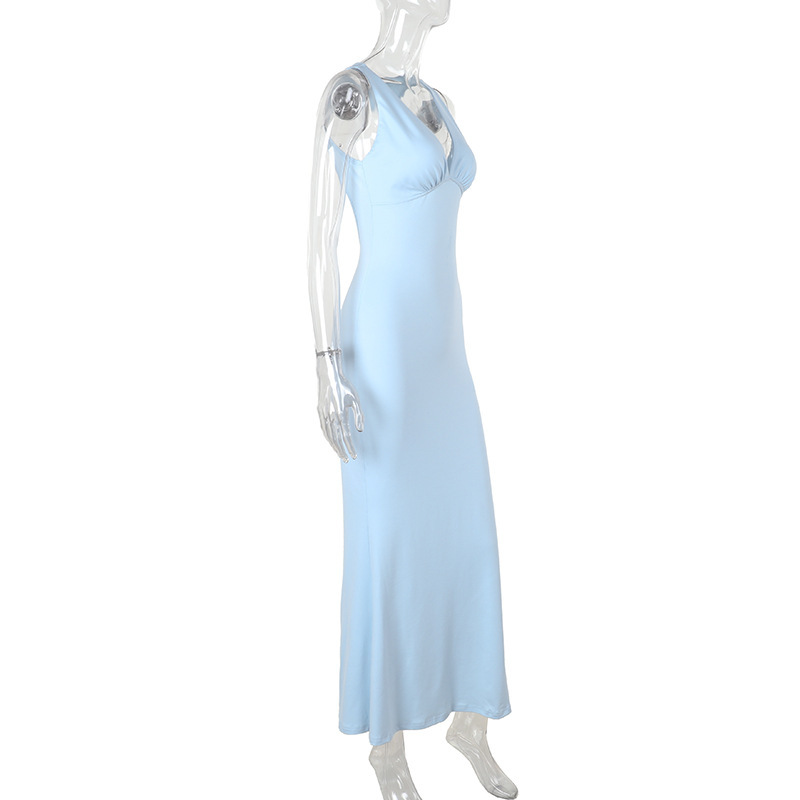 Solid Sleeveless Open Back Deep Neckline Dress