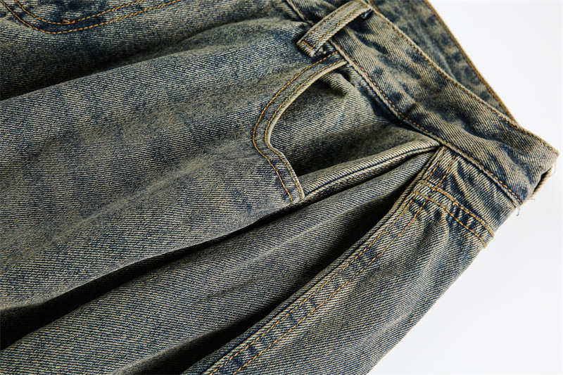 Washed Distressed Unisex Wide Leg Jeans Denim Material