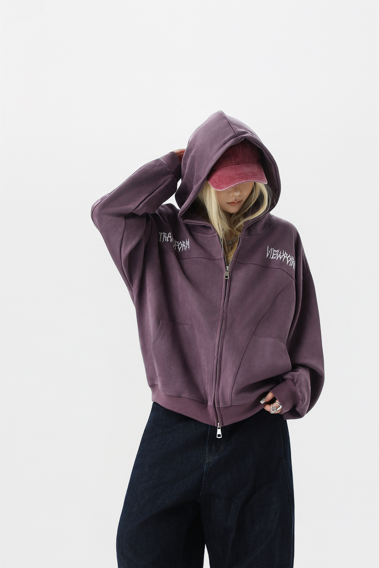 Retro Color-Block Letter Print Hooded Zip-Up Sweater
