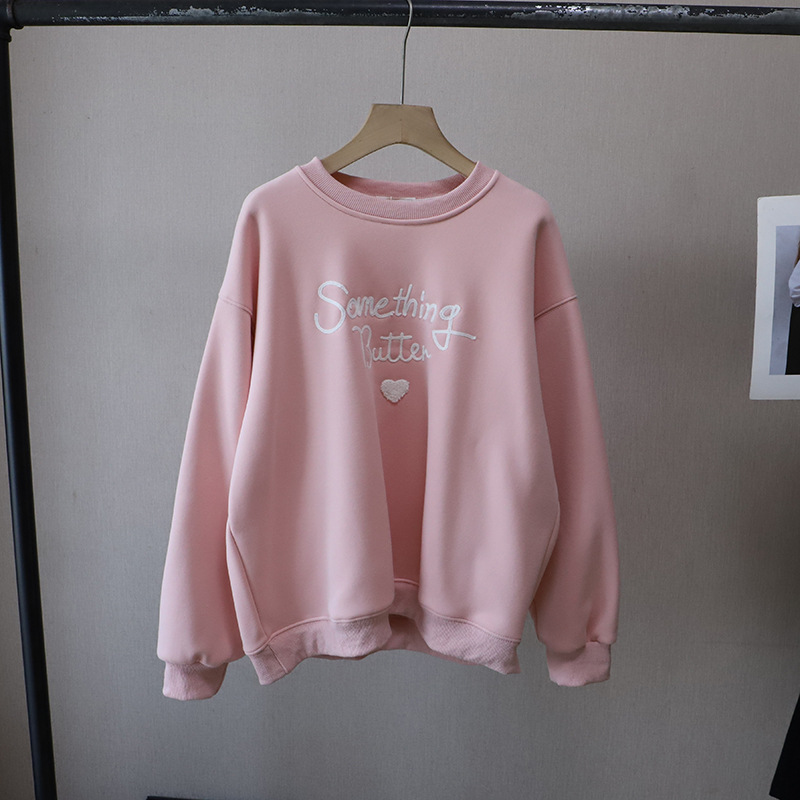 Causal Loose Fleece-Lined Hoodie with Letter and Heart Embroidery Round Neck Women's Sweatshirt