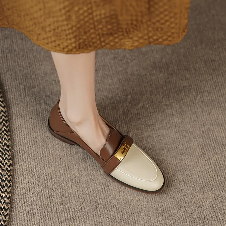 Blapunka Women Genuine Leather Loafers Designer Metal Lock Mix-color Slip-on Flat Shoe Ladies Spring Autumn Casual Comfort Flats