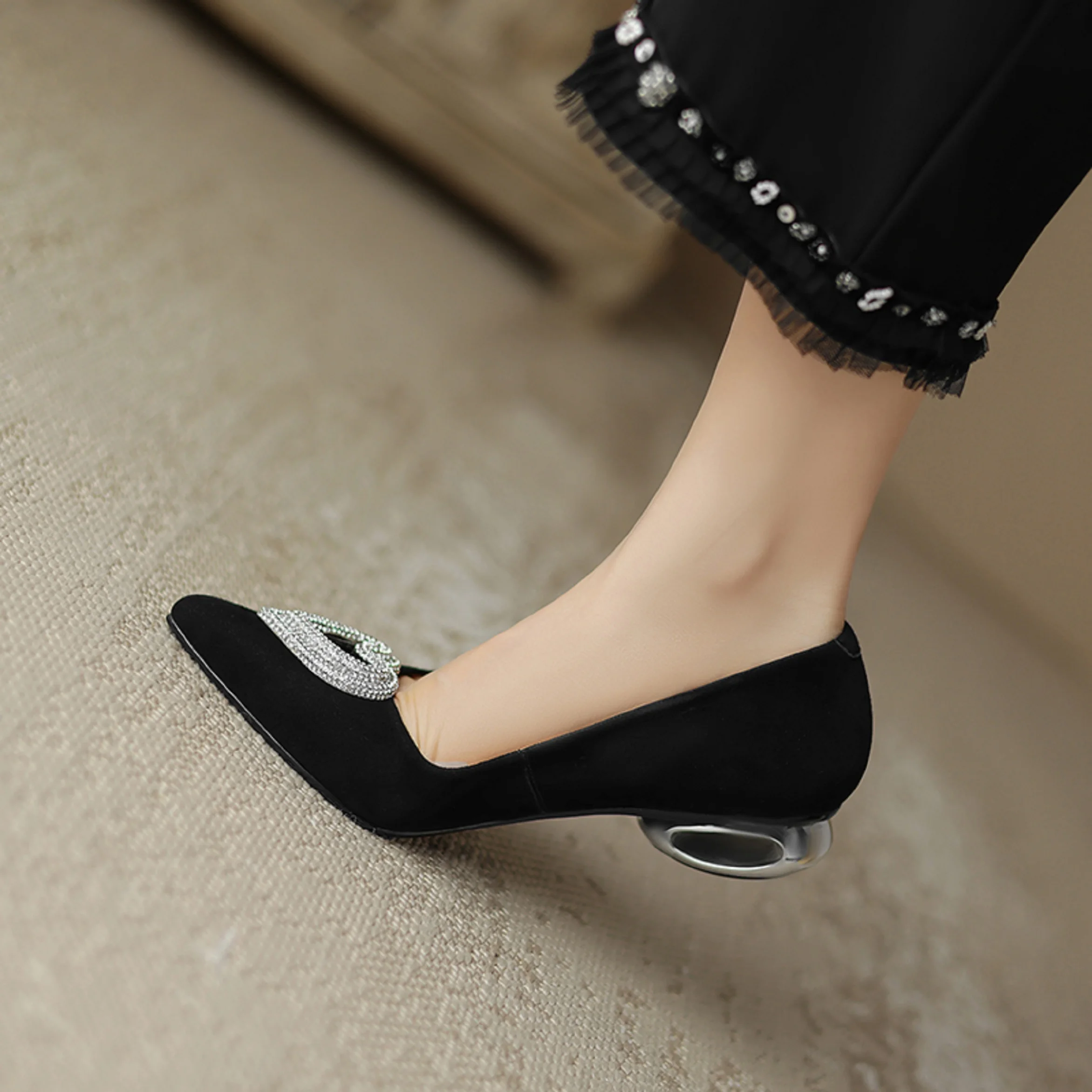 Elegant With Low Heel Brand Genuine Leather High Heels Metal Button Heels For Women Comfortable Pumps Pointed Toe