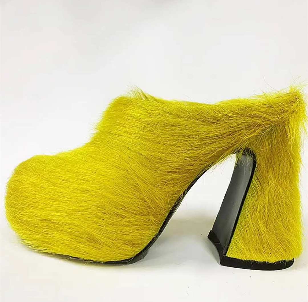 Round headed candy colored genuine leather horse hair with raised height inside casual lazy half slippers for women