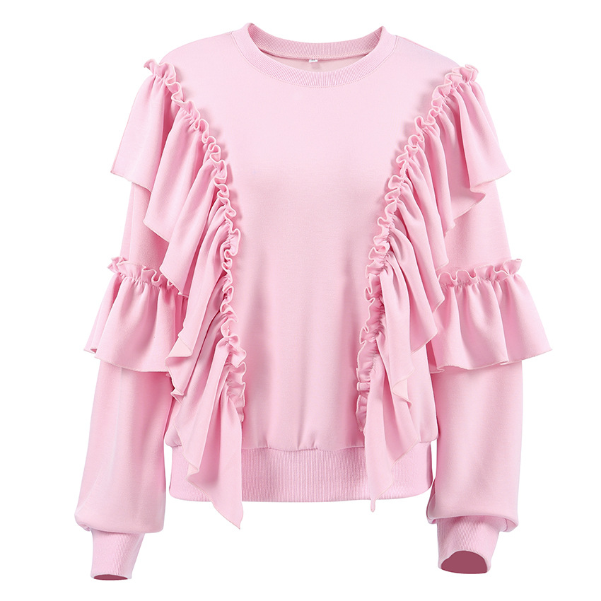 Commuter Relaxed Fit Cotton Crewneck Long-Sleeve Frill-Trimmed Top