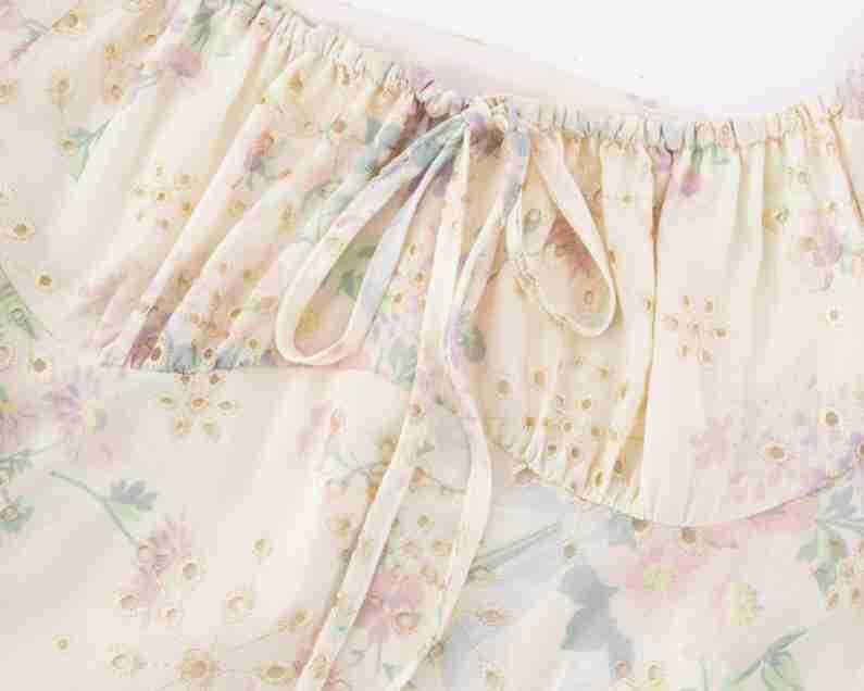 Square Neck Printed Waist-Cinched Short Sleeve Dress Long Skirt