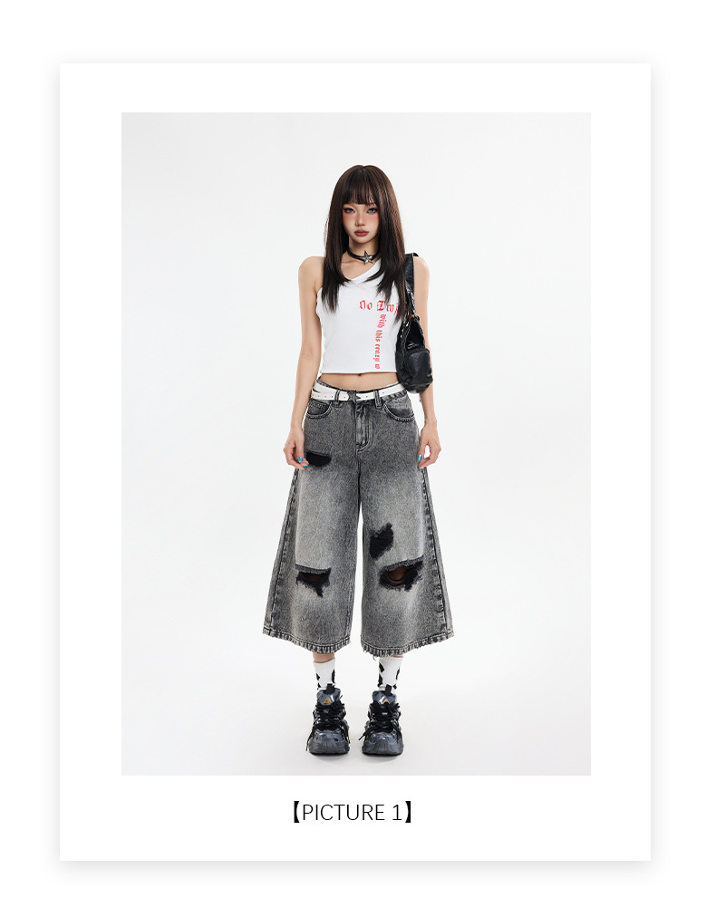 Black Gray Hole Seven-Point Denim Pants Women Vintage Wide-Leg Straight Leg Pants High Street Trendy