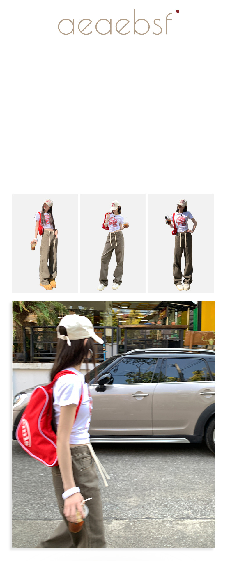 Retro Washed Straight Jeans Women Elastic Waist Versatile Brown High Waist Wide Leg Pants
