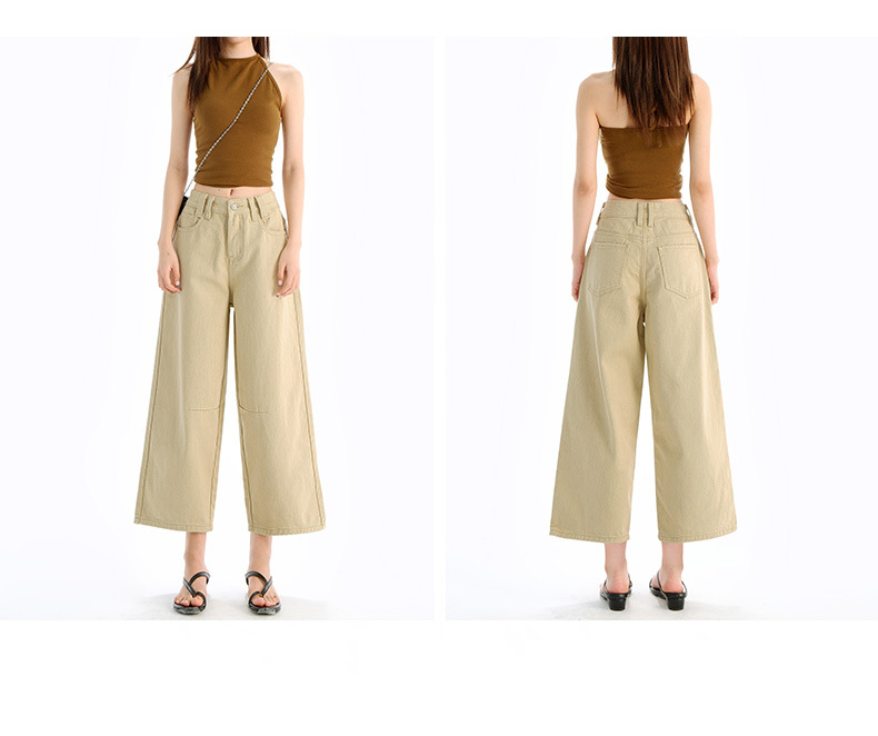 Vintage Washed Calf-Length Denim Pants for Women with Pleated Design, High-Waisted Straight-Leg Wide-Leg Trousers