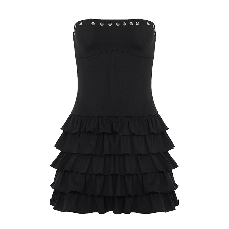 Sweet and Spicy Style Tube Top Waist-Cinching Fluffy Cake Skirt Design Eyelet Perforated Mini Short Dress