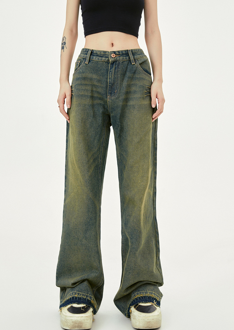 Washed Distressed Wide-Leg Long Jeans with Cuffed Hem