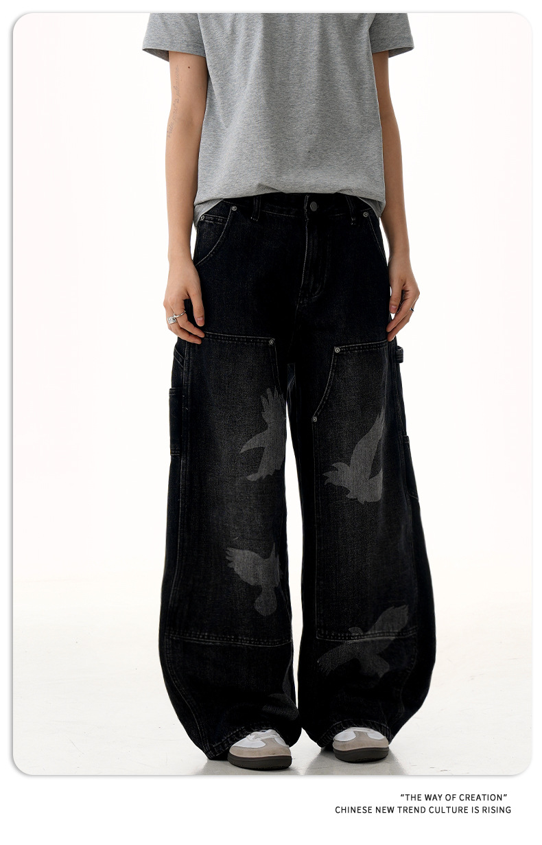 Jeans with Pigeon Pattern for Men and Women, Loose Fit Wide Leg Trousers