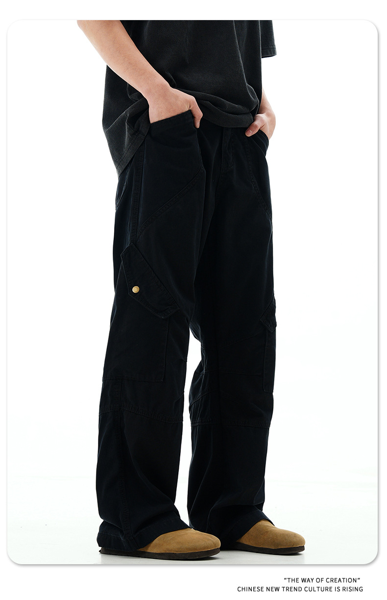 Work Pants with Adjustable Waistband and Large Pockets - Straight Leg Casual Trousers