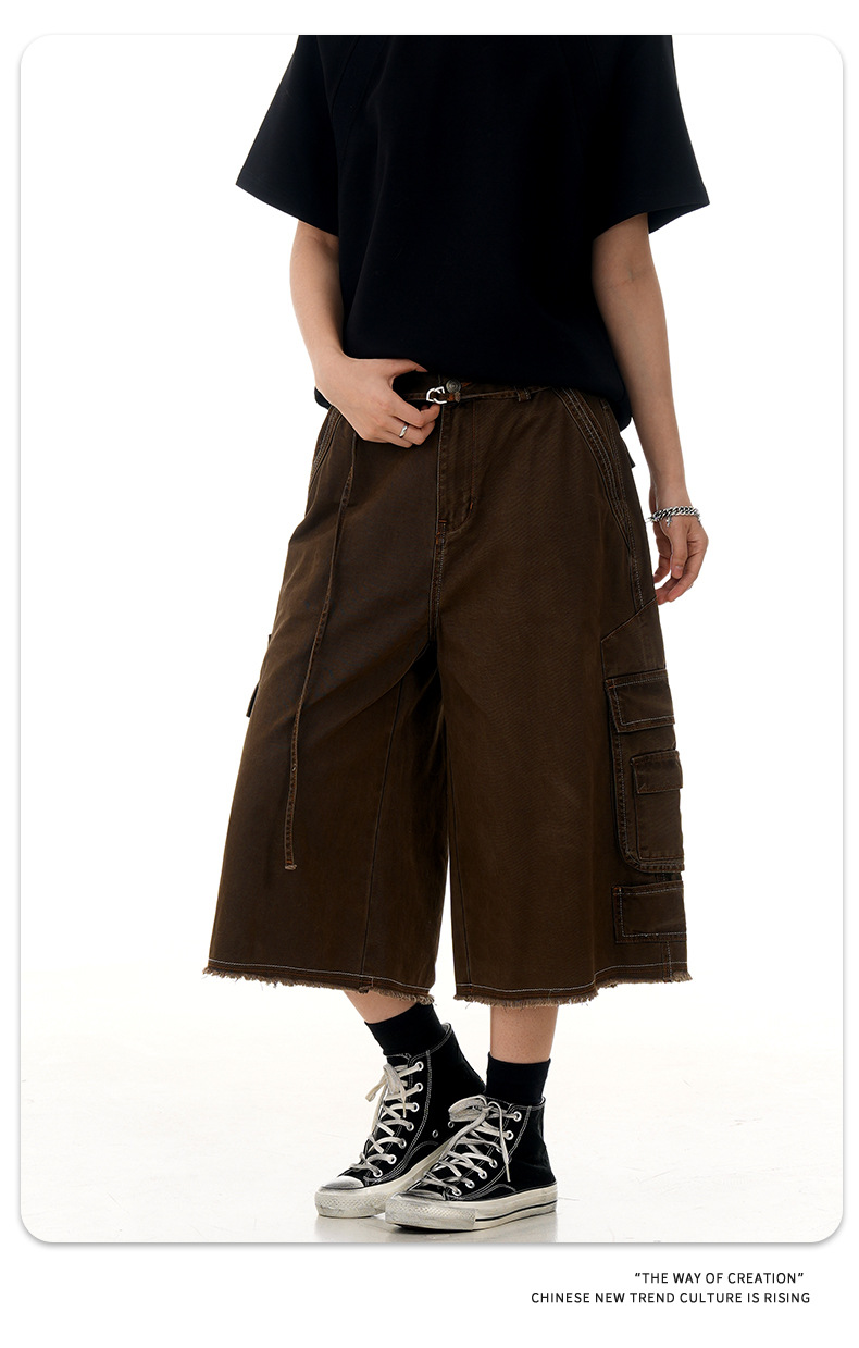 Multi-Pocket Workwear Capri Pants for Men and Women Summer Vintage Washed Loose Fit Wide Leg Casual Shorts
