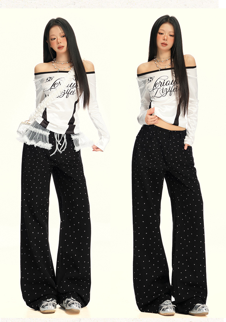 Women's Black and White Polka Dot Slimming Loose Straight Jeans High Waist Wide Leg Pants
