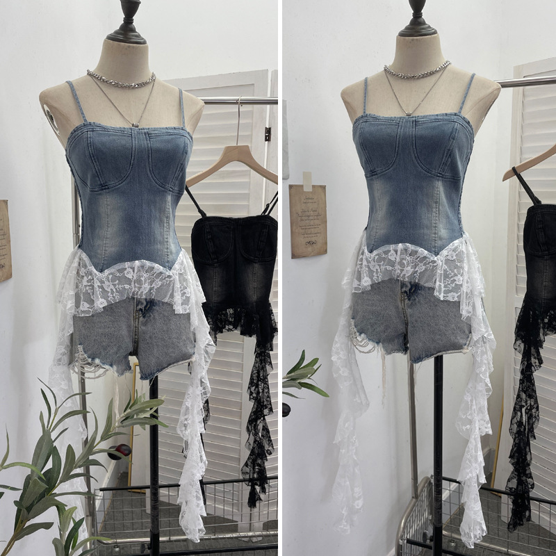Slim Asymmetric Faded Jean Lacy Panel Fringed Bandeau