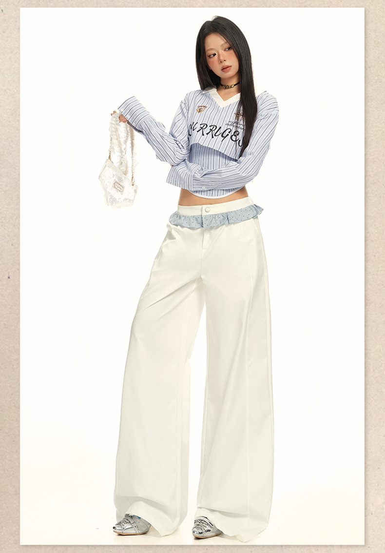 Women's Wide-Leg Casual Pants with White Lace Splicing