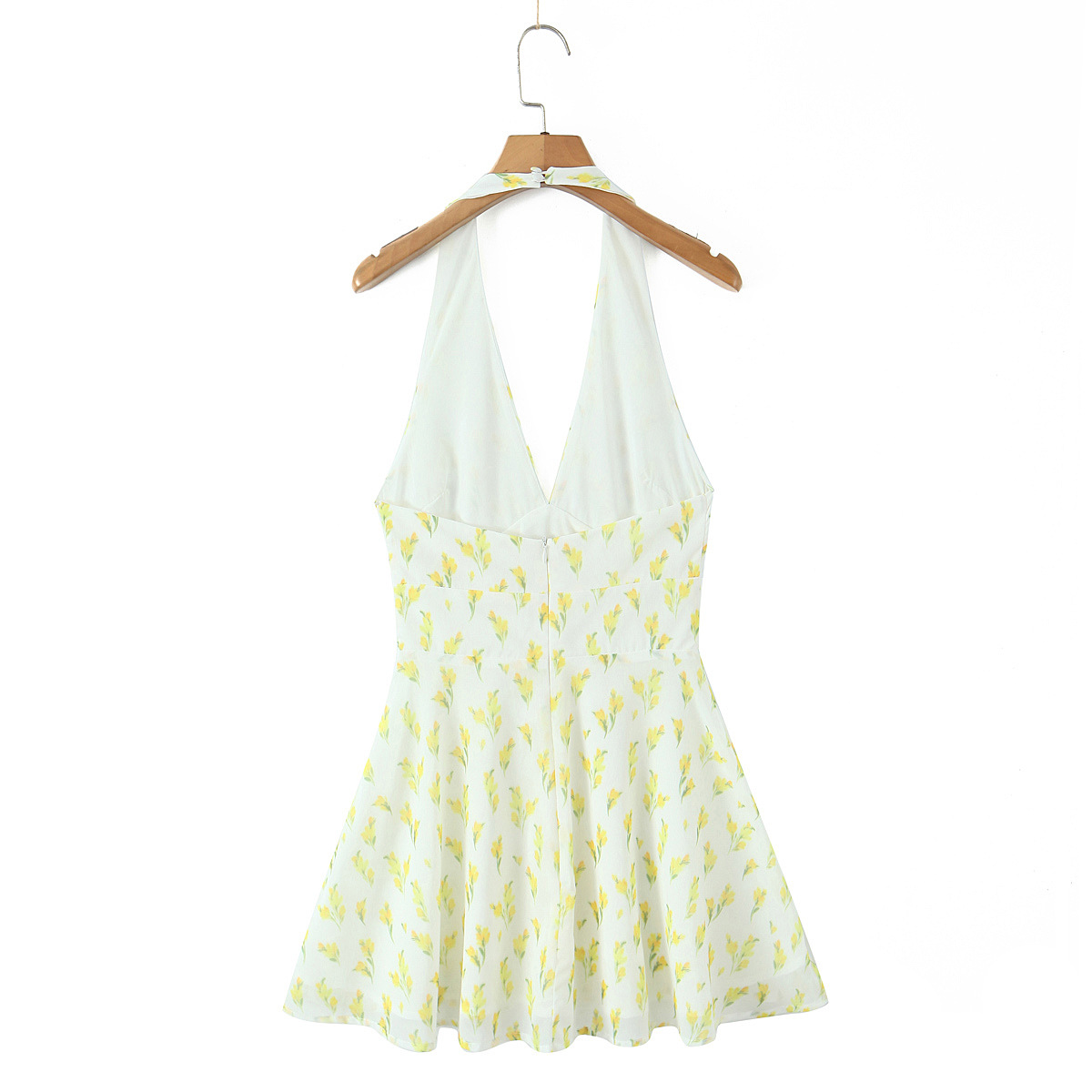 Printed deep V backless hanging neck waist dress