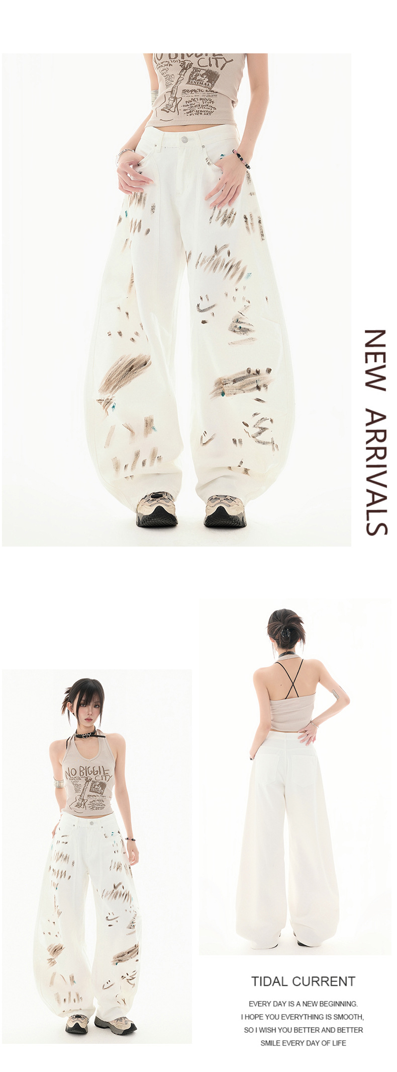 Graffiti White Jeans High-Waisted Unique Design Loose Wide-Leg Knife-Edge Pants