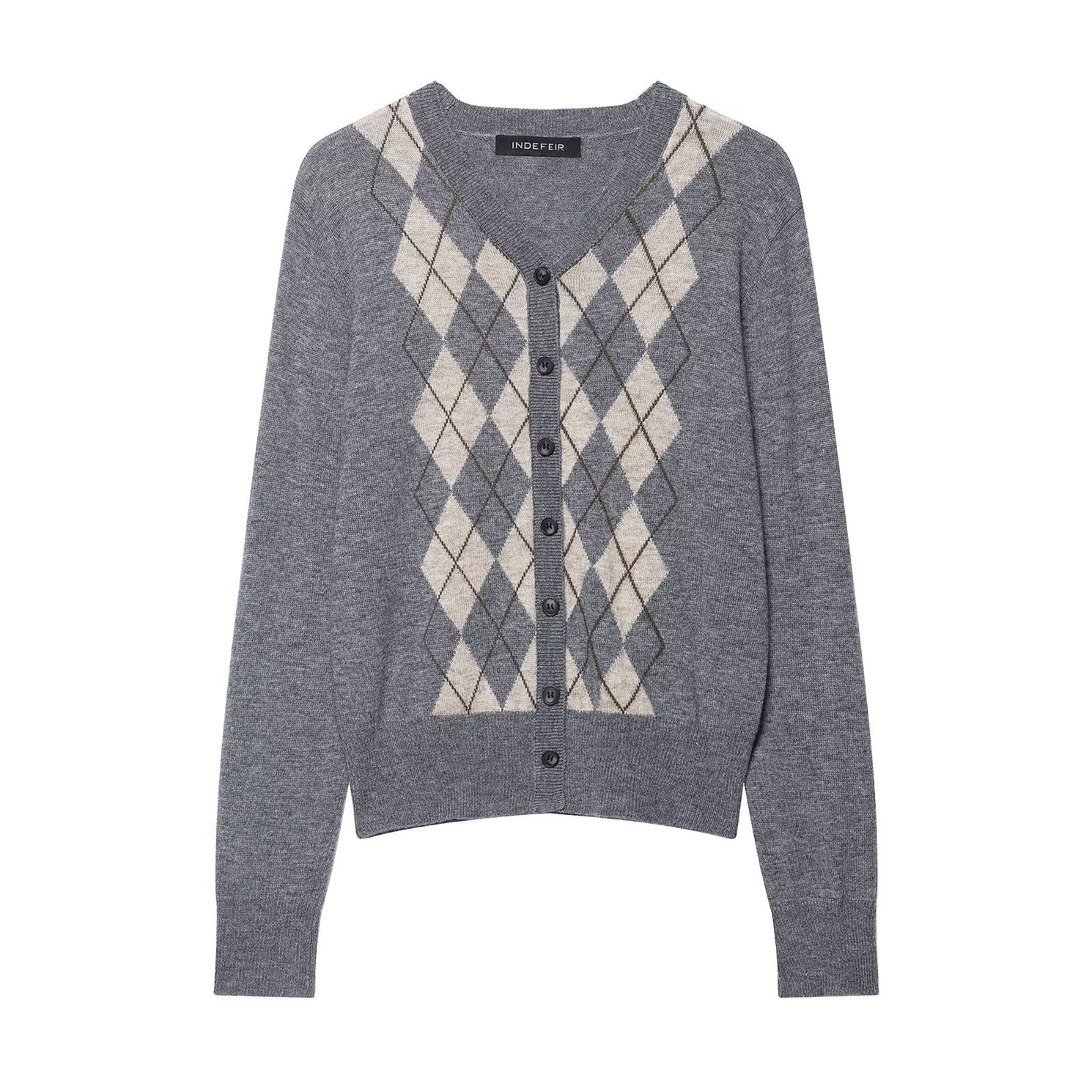 Crew Neck Button Front Geometric Print Polyester Sweater
