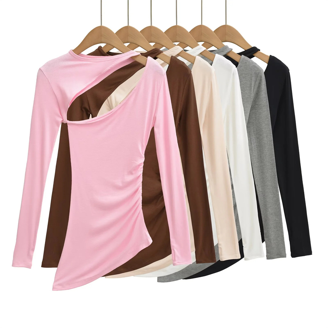 Irregular Collar Slim Removable Strap Full Arm Top