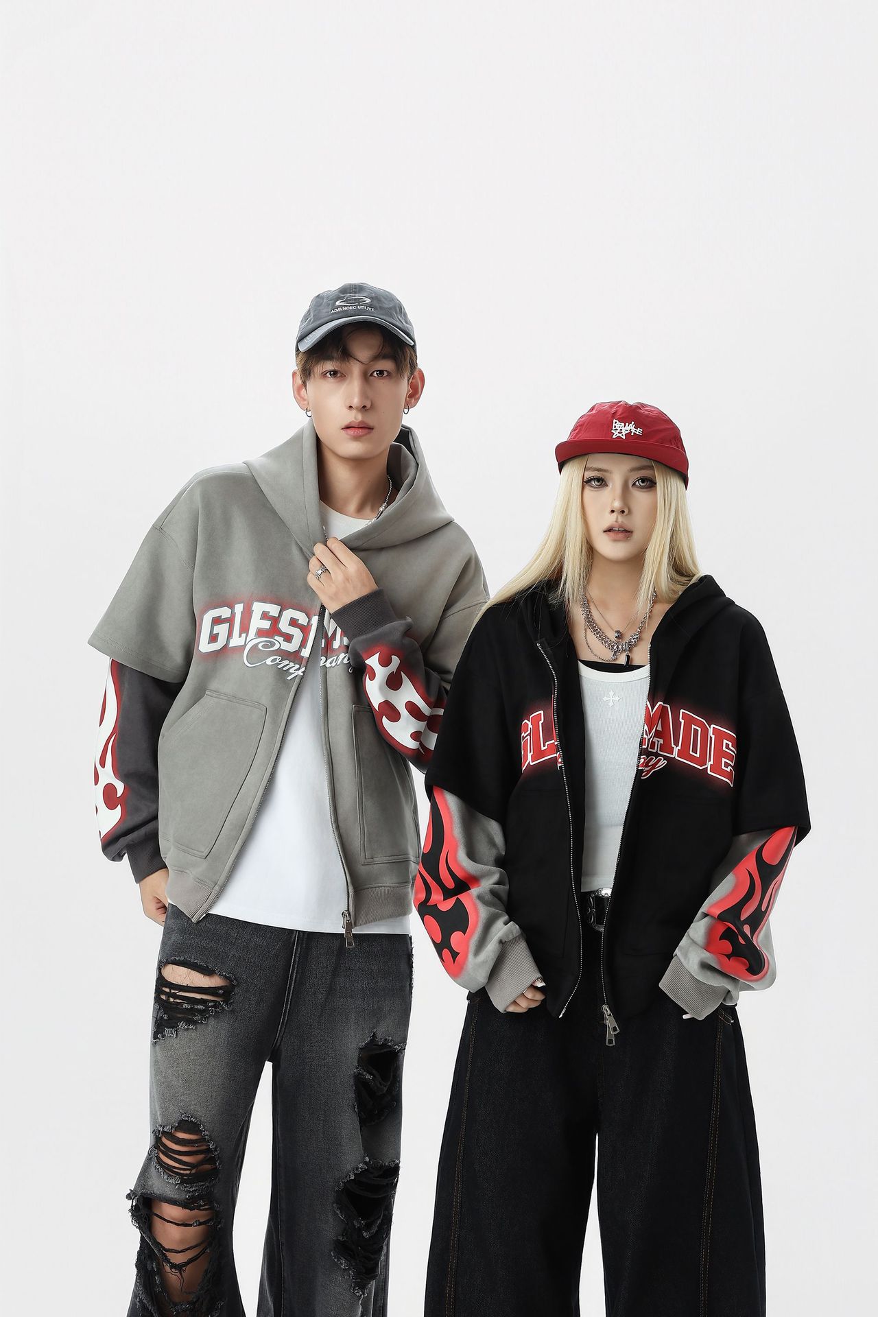 Streetwear Synthetic Graphic Long Sleeve Zip Hood Sweatshirt