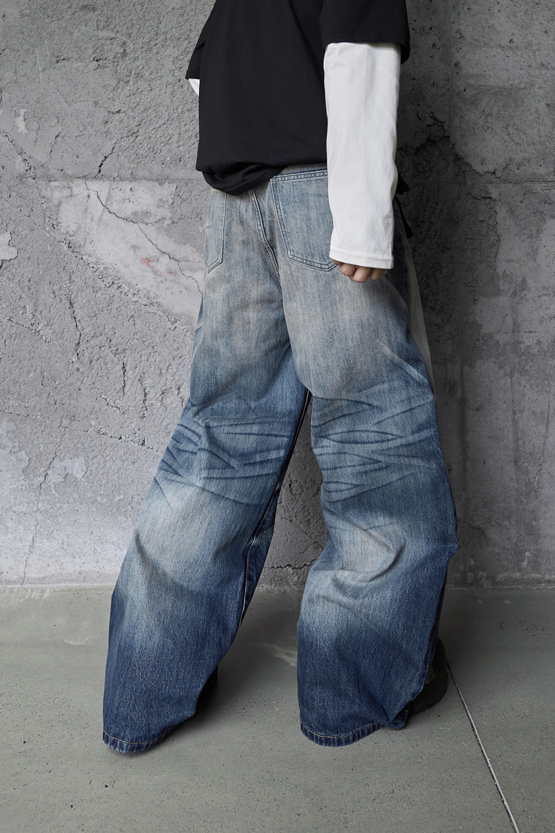 Vintage High-Quality INS Denim Pants Men High Street Washed Gradient Distressed Catwhisker Minimalist Wide-Leg Straight Leg Pants