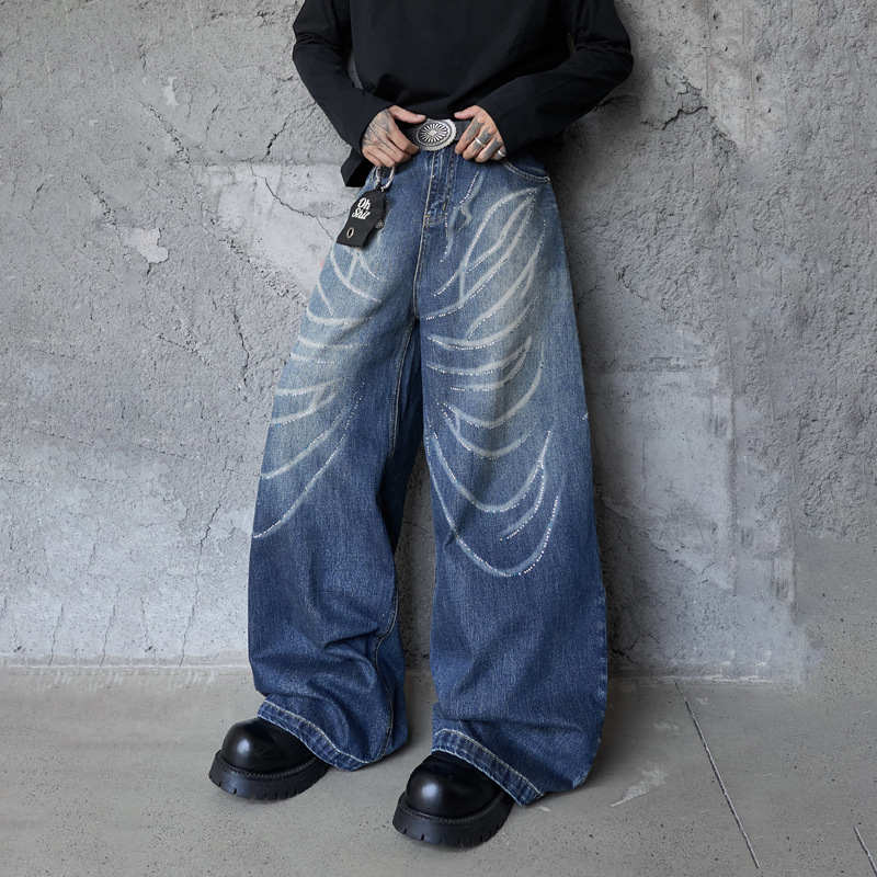 Style Butterfly Cat Whisker Laser-Printed Denim Pants with Unique Design, Wide Leg, Loose Fit, Straight Cut, Oversized Jeans