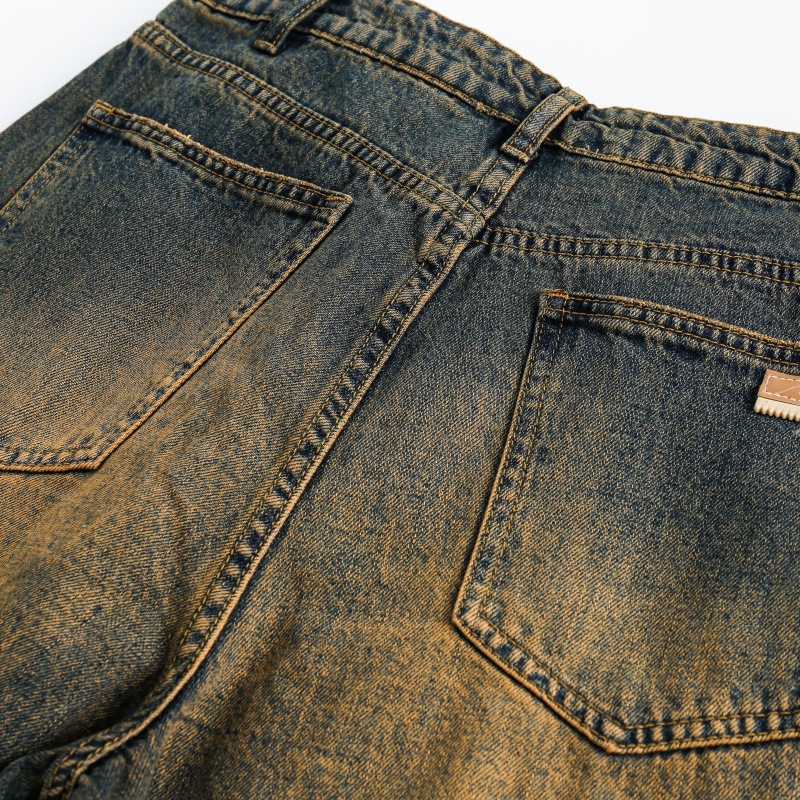 Washed Yellow Mud Color Distressed Loose Straight Leg Jeans