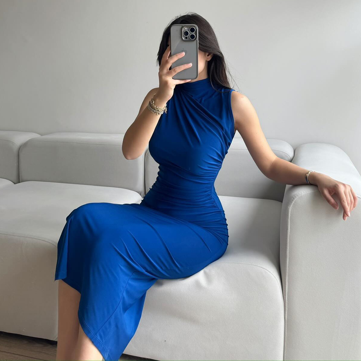 Mock Neck Side Split Bodycon Maxi Dress