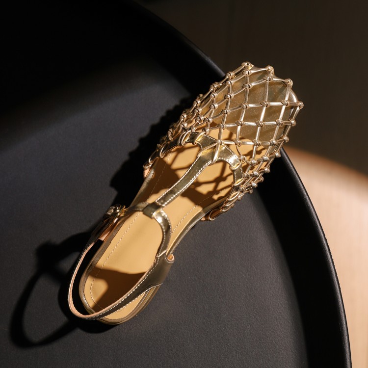 Cowhide foreskin hollowed out T-shaped strap flat sandals Mary Jane shoes