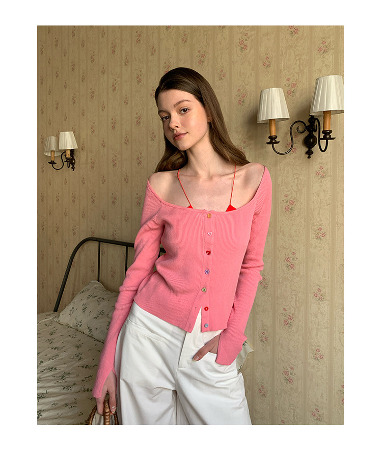 Solid Button Front Scoop Collar Long Sleeve Cardigan