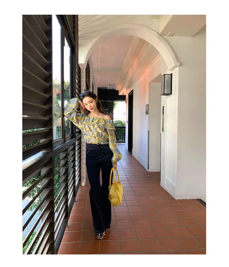 Long Sleeve Lotus Leaf Neck Fragmented Floral Blouse
