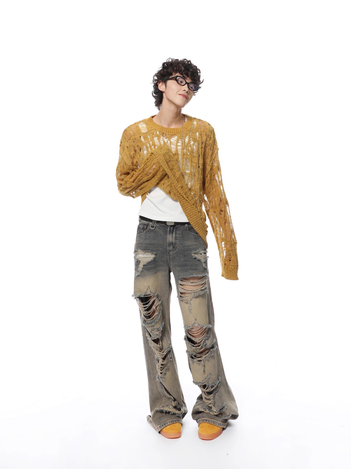 Polyester Open Mesh Crew Neck Sweater