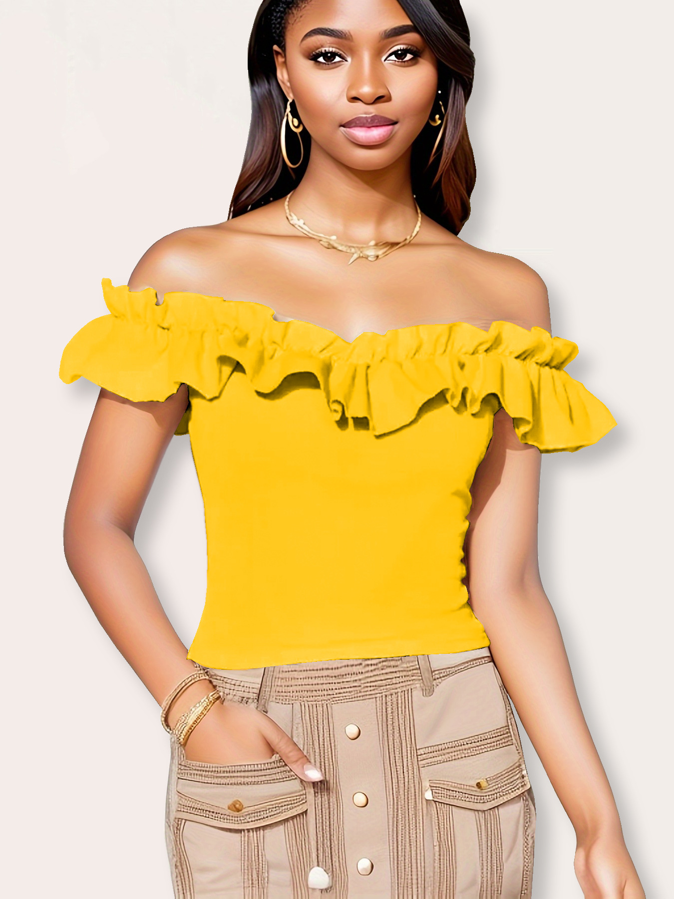 Women's solid color sexy ruffle edge decorative top